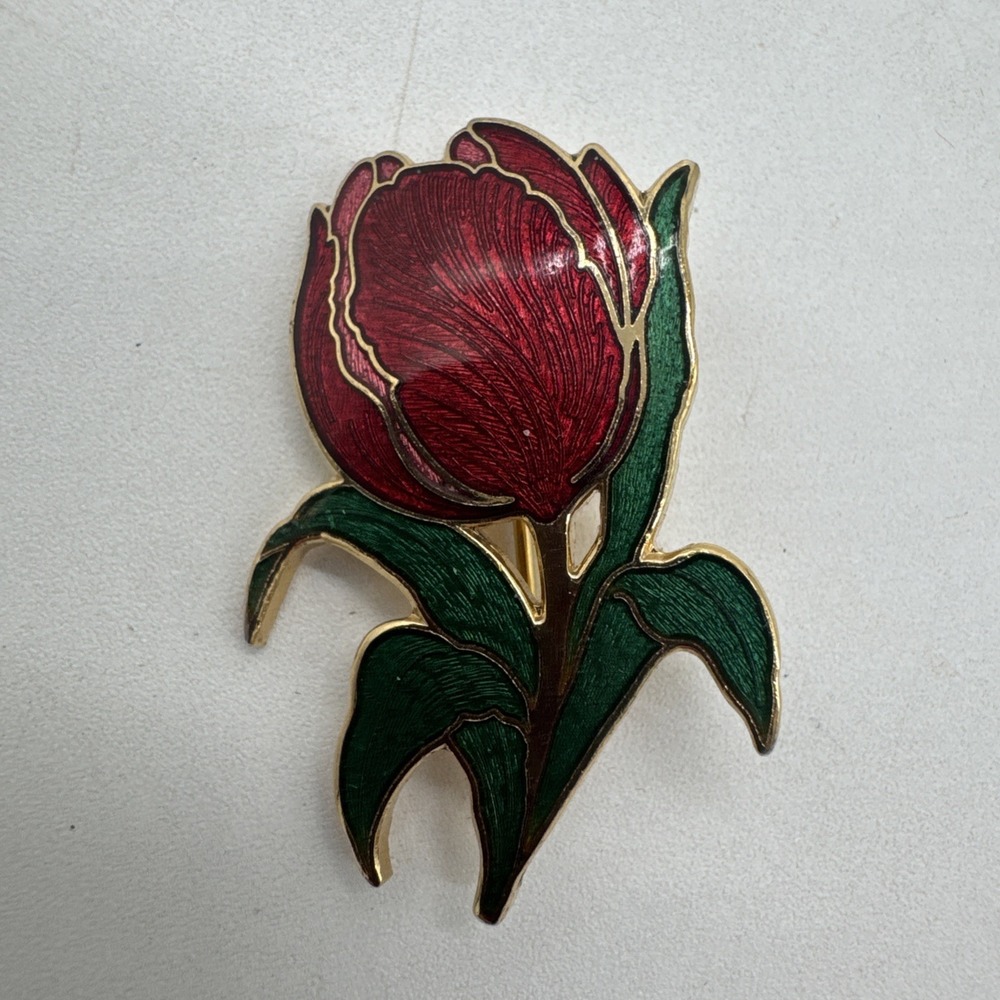 Red Rose Gold Tone Metal Enamel Flower DuBarry Fifth avenue Brooch Pin